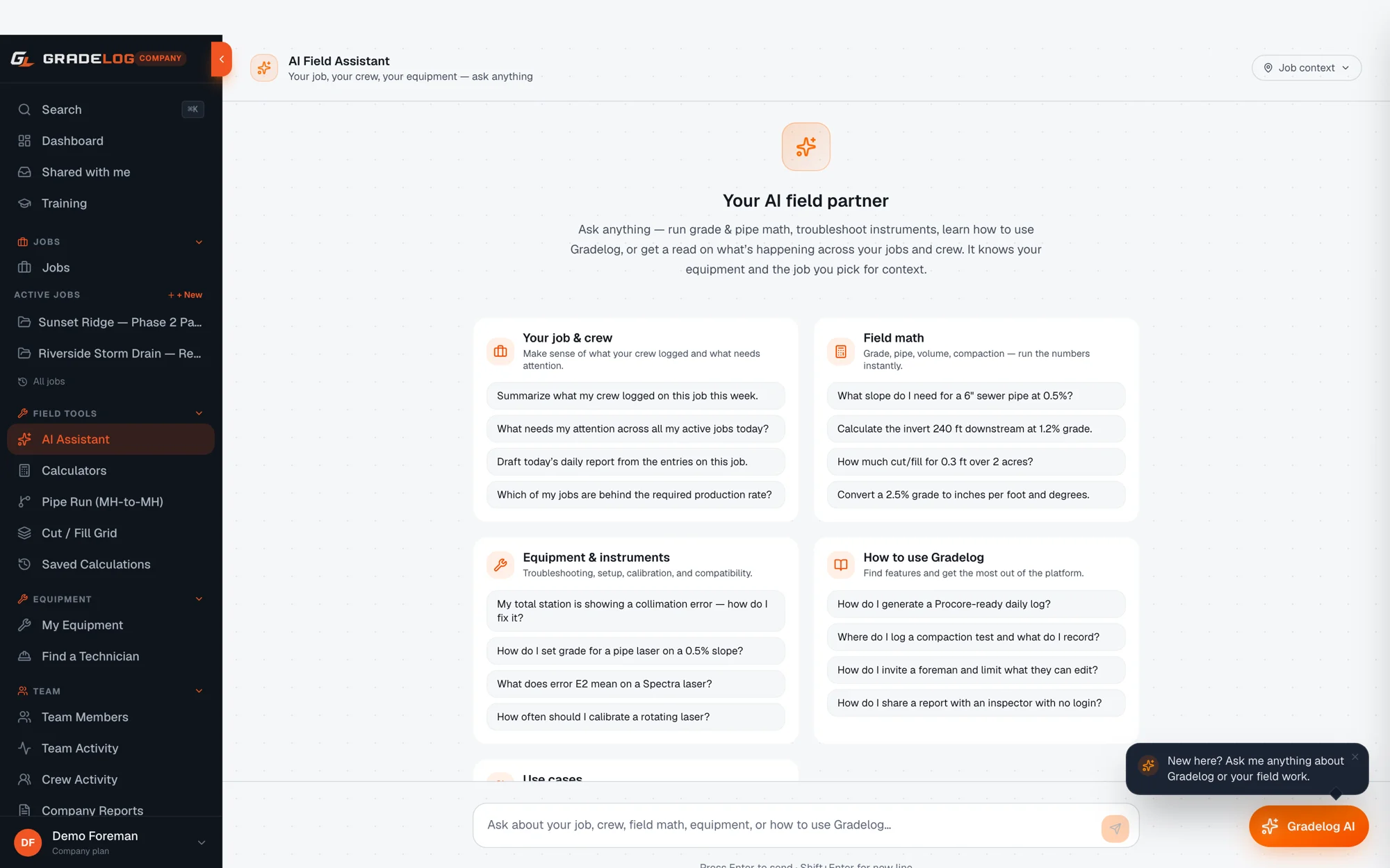 Gradelog AI field assistant answering equipment setup, error code, and calibration questions for contractors
