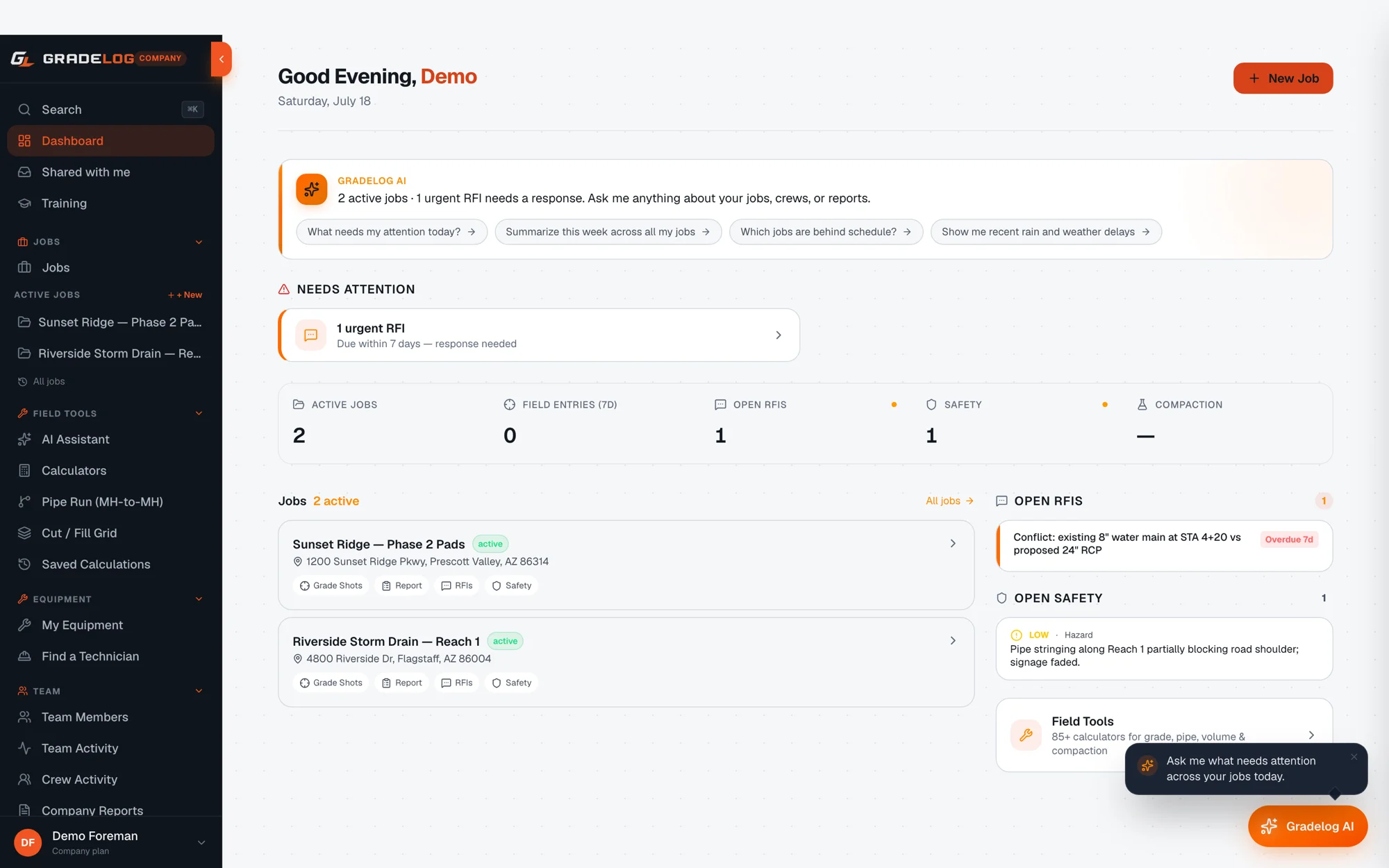 Gradelog dashboard showing active grading jobs, equipment calibration alerts, and quick actions for a construction field crew