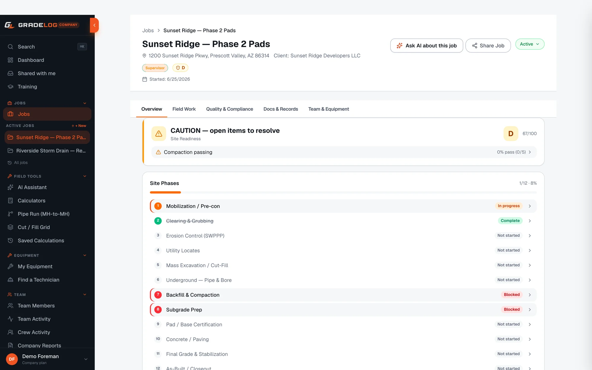 Gradelog job detail page with workflow tabs for grade shots, daily reports, compaction, timecards, RFIs, material tickets, safety and files