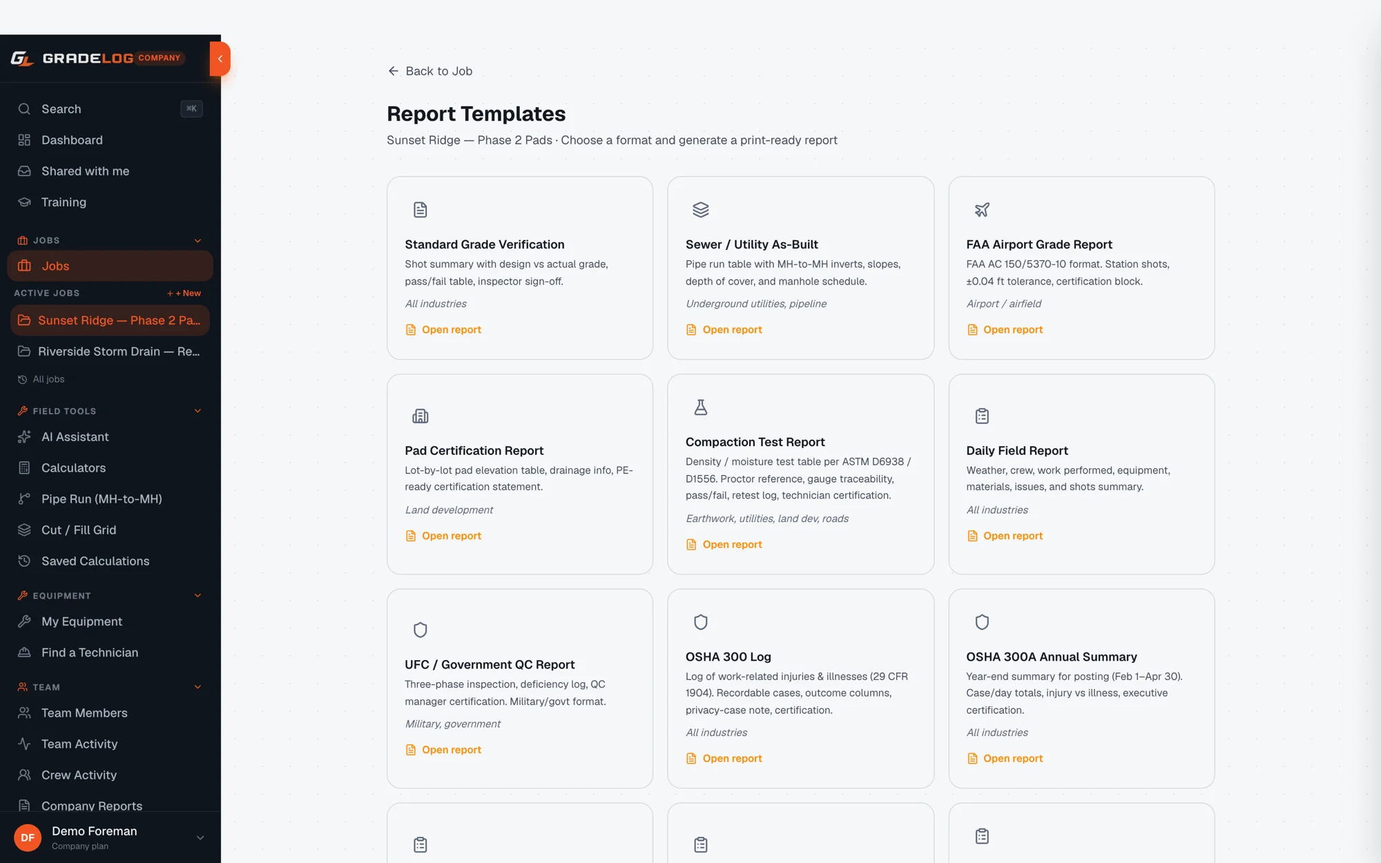 As-built software report templates in Gradelog with one-click generation and inspector share links